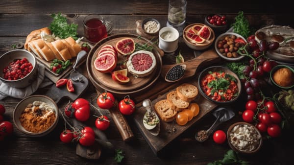 Mesa com ingredientes e alimentos variados